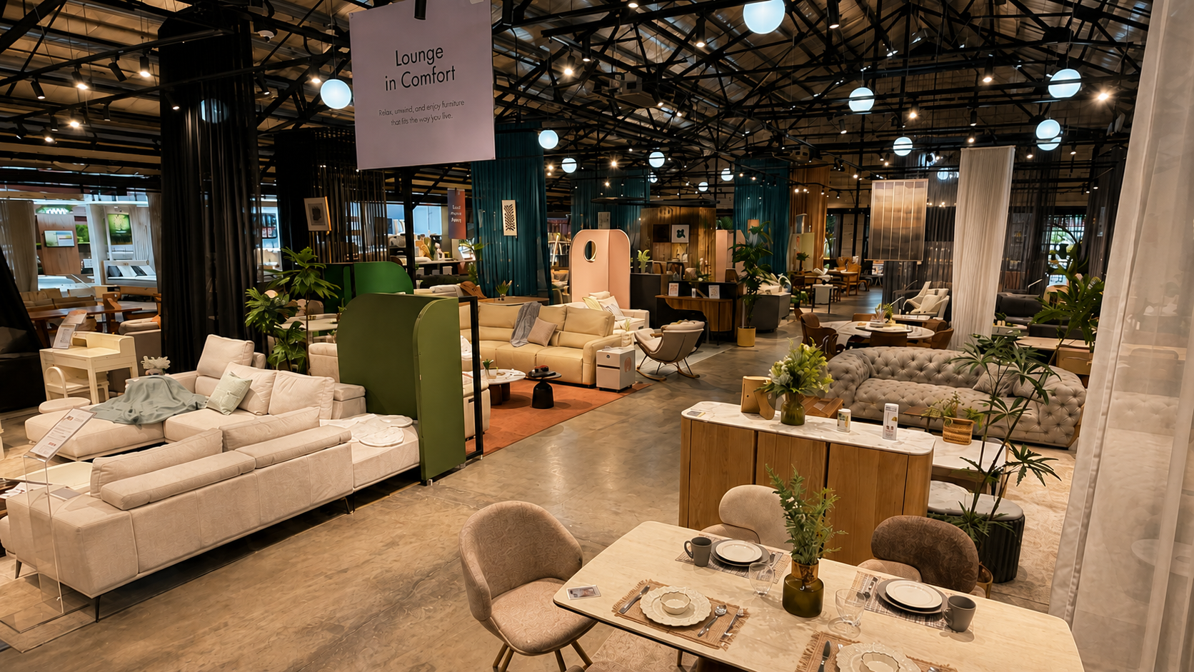 Modern furniture showroom at ED Shop Ipoh with contemporary sofa, dining set and warm neutral interior