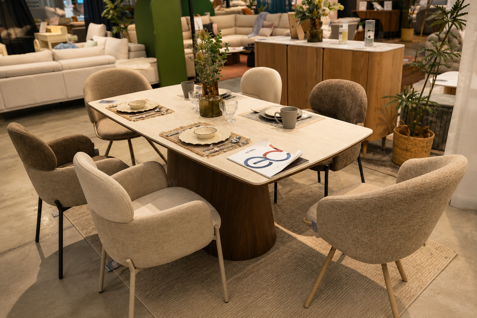 Dining set Ipoh — upholstered dining chairs and dining table styled at the ED Shop Ipoh showroom