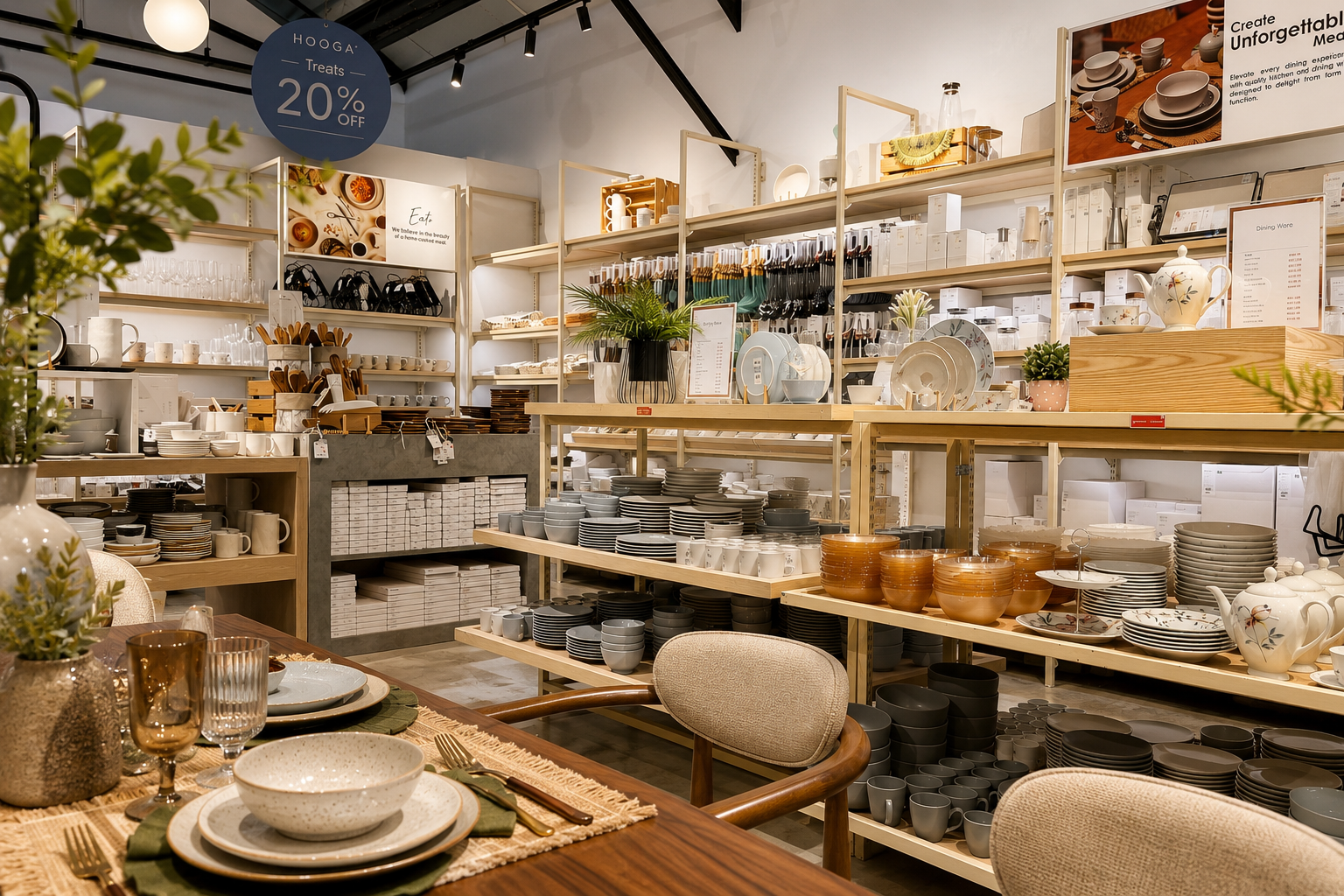 Styled dining table with ceramics, glassware, wooden trays and floral centrepiece at ED Shop Ipoh showroom