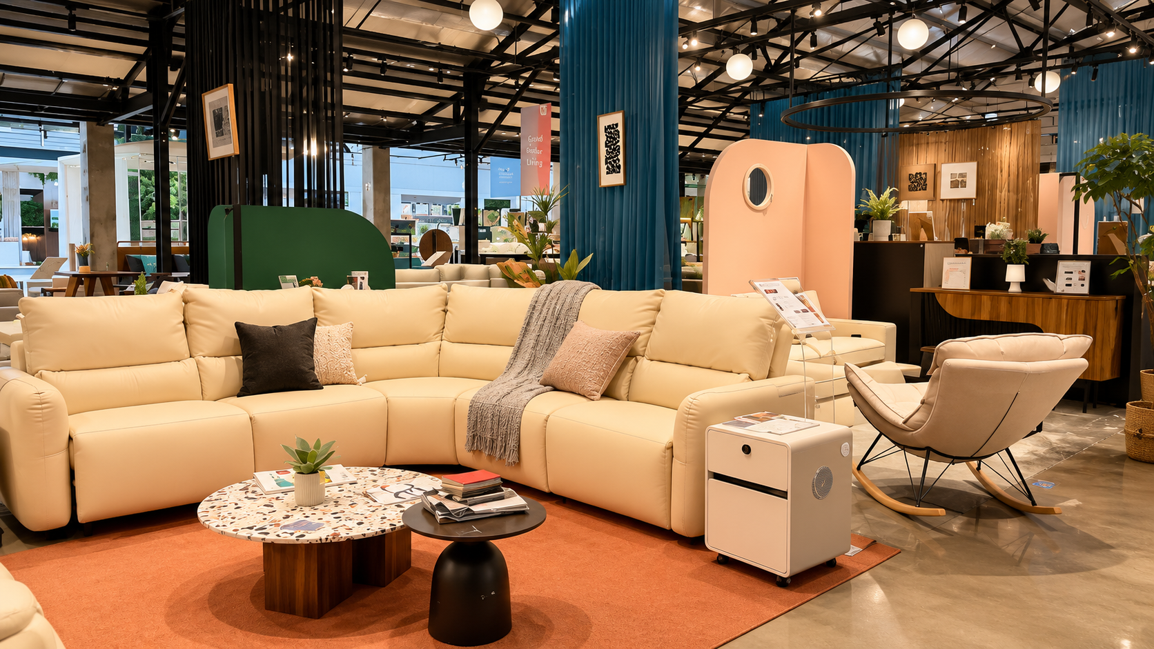 Cosy lounge setup with sofa, coffee table and accent chair at ED Shop Ipoh