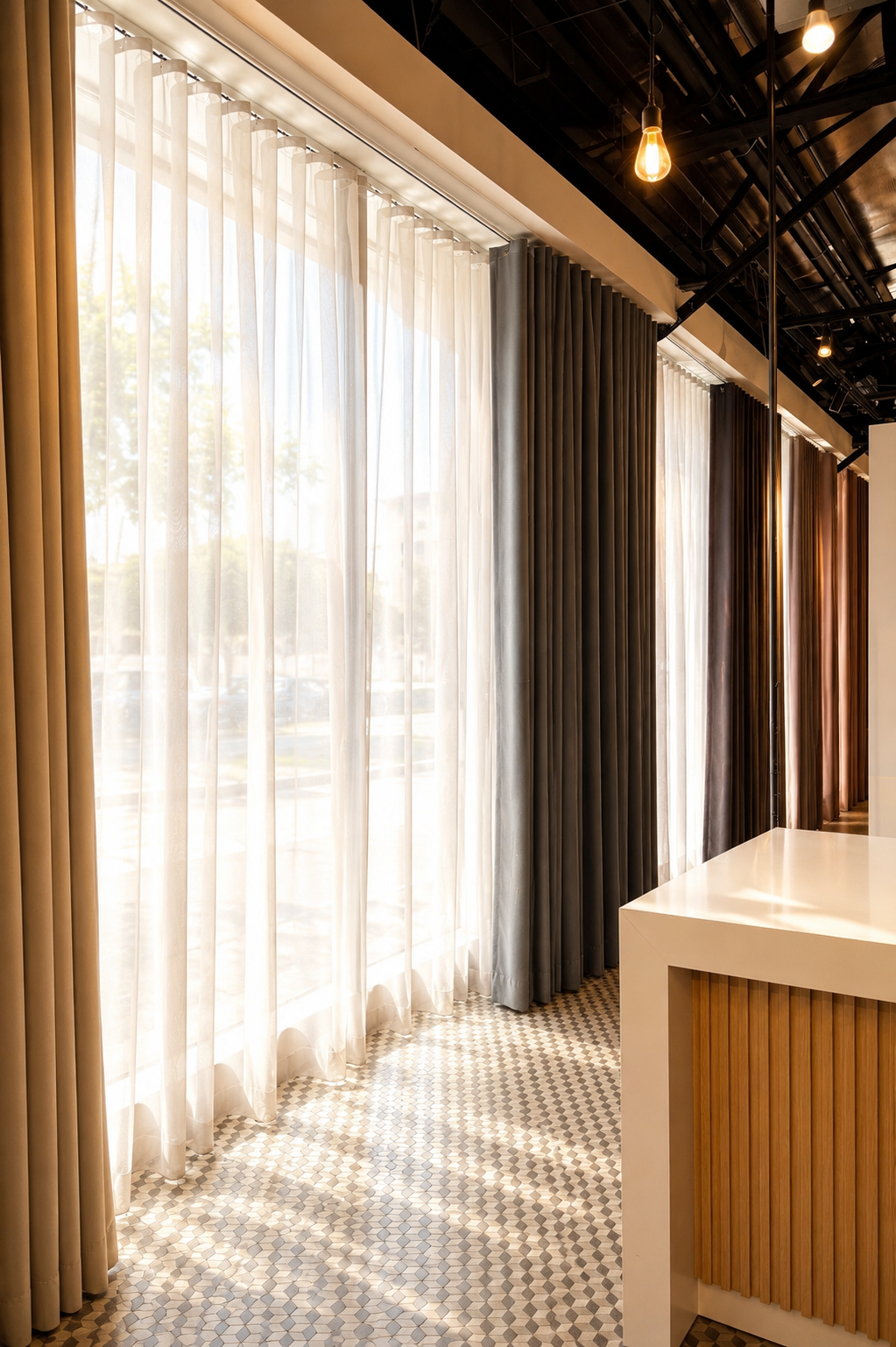 Floor-to-ceiling lace and drape curtains paired in a living room