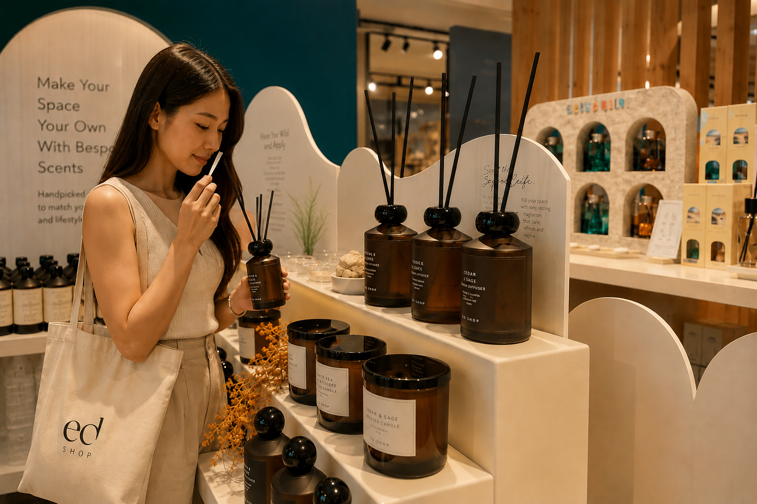 Customers browsing and smelling HOOGA reed diffusers and scented candles at ED Shop Ipoh fragrance showroom
