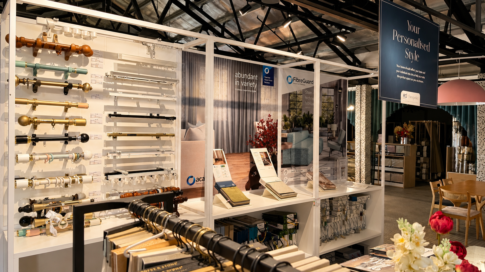 Inside the ED Shop Ipoh showroom — curtain fabrics, blackout samples and accessories on display